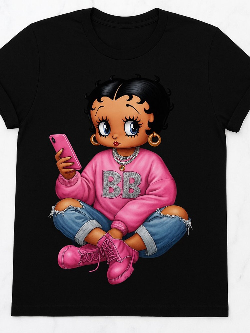 Retro Cartoon Girl Pink Sweatshirt Graphic Tee Black Y2K Bling Unisex T-Shirt
